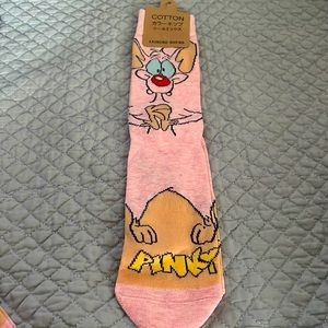 Novelty Unisex socks: pinky & the brain cartoon theme. Photo is of Pinky
